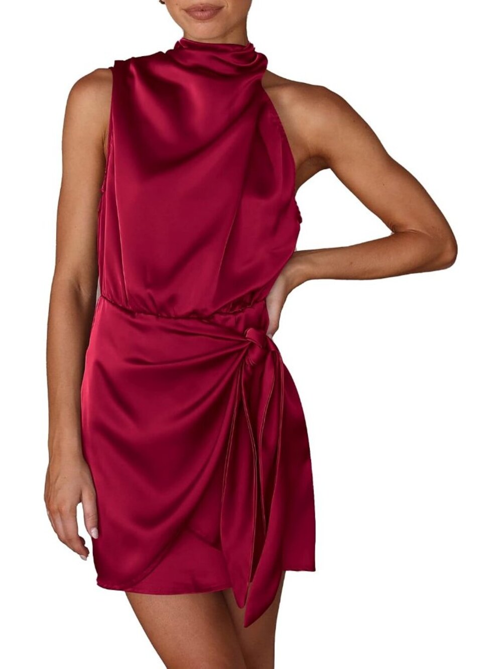Women Deep Red Sleeveless Mock Neck Formal Satin Tie Waist Tank Top Dress